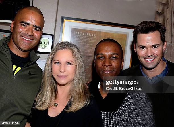 Christopher Jackson, Barbra Streisand, Leslie Odom Jr and Andrew Rannells pose backstage at the hit musical "Hamilton" on Broadway at The Richard...