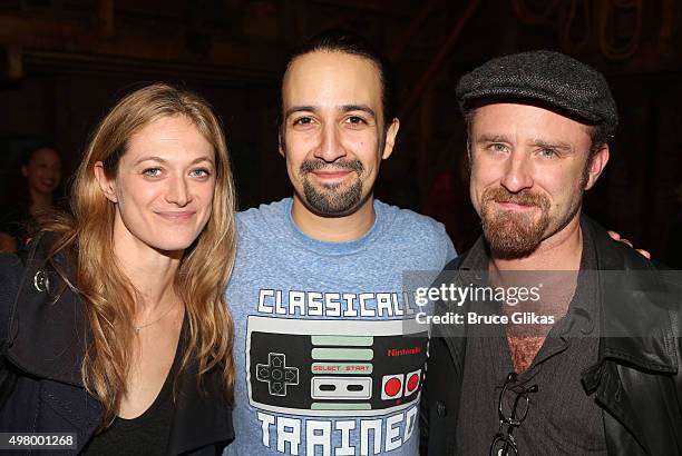 Marin Ireland, Lin-Manuel Miranda and Ben Foster pose backstage at the hit musical "Hamilton" on Broadway at The Richard Rogers Theater on November...