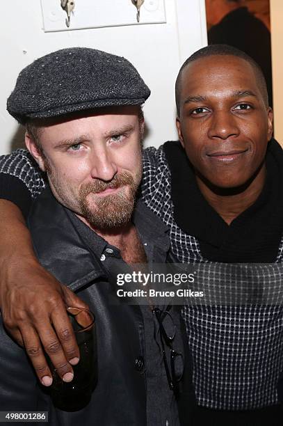 Ben Foster and Leslie Odom Jr pose backstage at the hit musical "Hamilton" on Broadway at The Richard Rogers Theater on November 19, 2015 in New York...