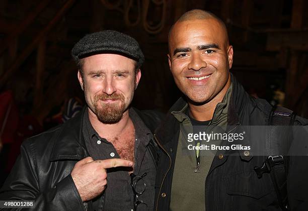 Ben Foster and Christopher Jackson pose backstage at the hit musical "Hamilton" on Broadway at The Richard Rogers Theater on November 19, 2015 in New...