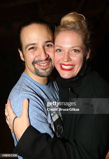 Lin-Manuel Miranda and Elizabeth Stanley pose backstage at the hit musical "Hamilton" on Broadway at The Richard Rogers Theater on November 19, 2015...