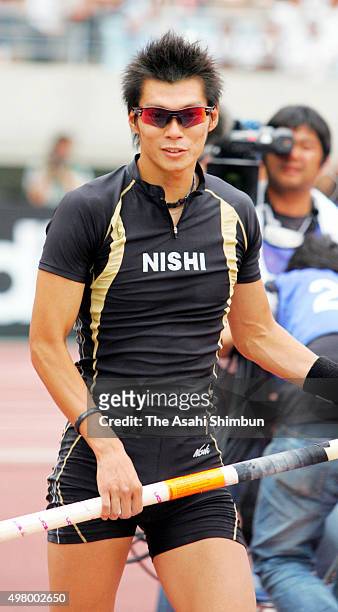 Daichi Sawano looks on in the Men's Pole Vault during the Track and Field Japan National Championships at Nagai Stadium on June 30, 2007 in Osaka,...