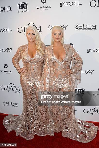 Models Kristina Shannon and Karissa Shannon arrive at the GLAM Beverly Hills salon grand opening and ribbon cutting celebration at GLAM Salon Beverly...