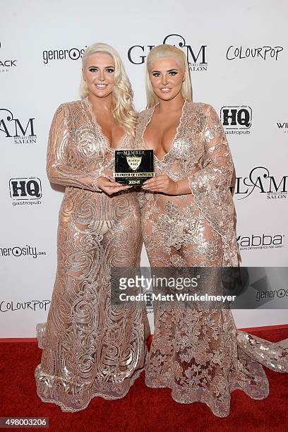 Models Kristina Shannon and Karissa Shannon arrive at the GLAM Beverly Hills salon grand opening and ribbon cutting celebration at GLAM Salon Beverly...