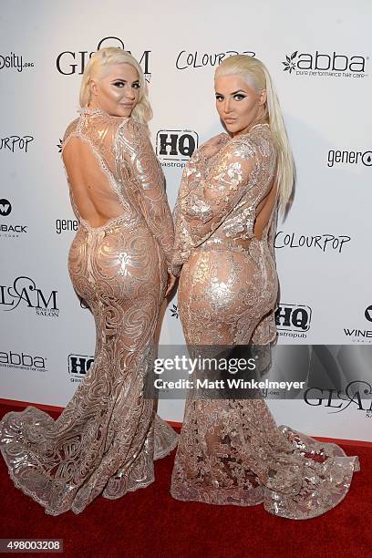 Models Kristina Shannon and Karissa Shannon arrive at the GLAM Beverly Hills salon grand opening and ribbon cutting celebration at GLAM Salon Beverly...