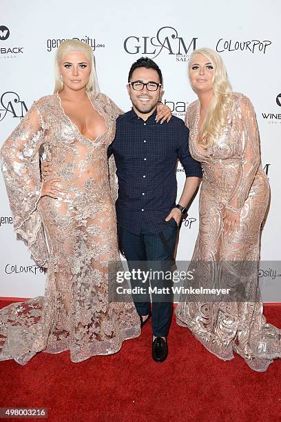 Model Karissa Shannon, fashion designer Walter Mendez, and model Kristina Shannon arrive at the GLAM Beverly Hills salon grand opening and ribbon...