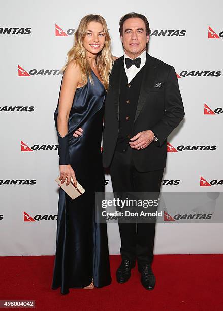 Jessica Hart and John Travolta arrive at the QANTAS 95th Birthday Gala Celebration at Hangar 96 in the Qantas Jetbase on November 20, 2015 in Sydney,...