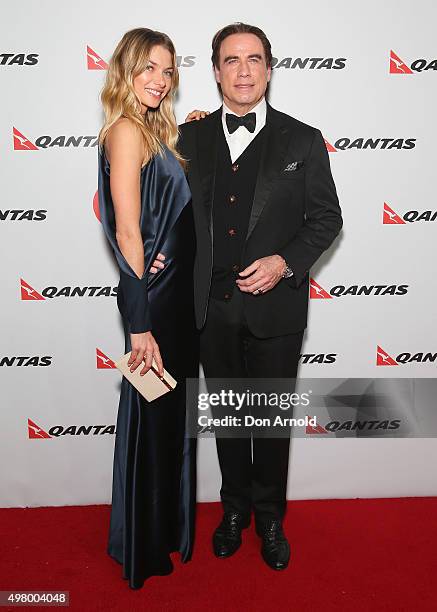 Jessica Hart and John Travolta arrive at the QANTAS 95th Birthday Gala Celebration at Hangar 96 in the Qantas Jetbase on November 20, 2015 in Sydney,...