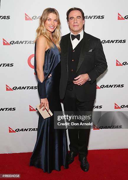 Jessica Hart and John Travolta arrive at the QANTAS 95th Birthday Gala Celebration at Hangar 96 in the Qantas Jetbase on November 20, 2015 in Sydney,...