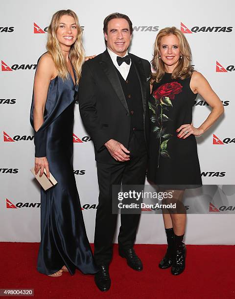 Jessica Hart,John Travolta and Kelly Preston arrive at the QANTAS 95th Birthday Gala Celebration at Hangar 96 in the Qantas Jetbase on November 20,...