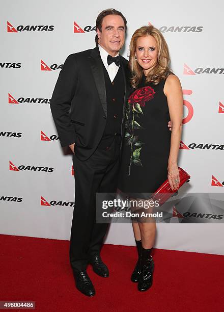 John Travolta and Kelly Preston arrive at the QANTAS 95th Birthday Gala Celebration at Hangar 96 in the Qantas Jetbase on November 20, 2015 in...