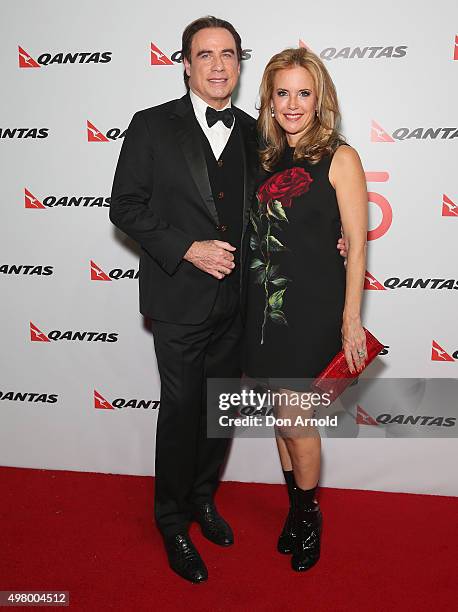 John Travolta and Kelly Preston arrive at the QANTAS 95th Birthday Gala Celebration at Hangar 96 in the Qantas Jetbase on November 20, 2015 in...