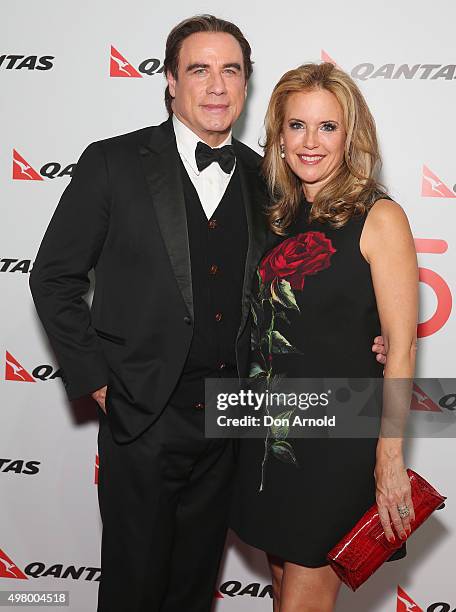 John Travolta and Kelly Preston arrive at the QANTAS 95th Birthday Gala Celebration at Hangar 96 in the Qantas Jetbase on November 20, 2015 in...