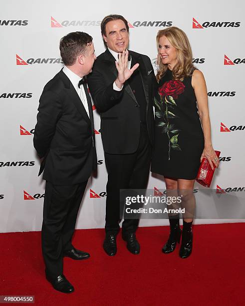 Alan Joyce,John Travolta and Kelly Preston arrive at the QANTAS 95th Birthday Gala Celebration at Hangar 96 in the Qantas Jetbase on November 20,...