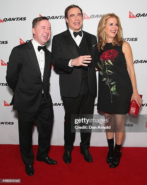 Alan Joyce,John Travolta and Kelly Preston arrive at the QANTAS 95th Birthday Gala Celebration at Hangar 96 in the Qantas Jetbase on November 20,...