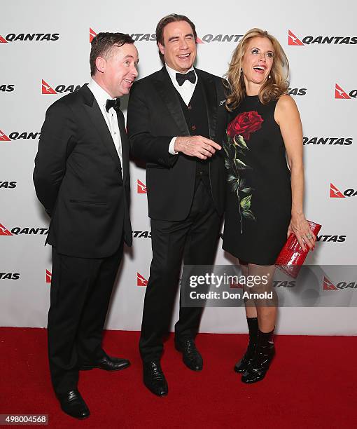 Alan Joyce,John Travolta and Kelly Preston arrive at the QANTAS 95th Birthday Gala Celebration at Hangar 96 in the Qantas Jetbase on November 20,...