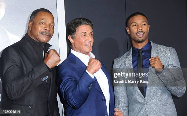 Actor Carl Weathers, actor/producer Sylvester Stallone and actor Michael B. Jordan attend the Premiere Of Warner Bros. Pictures' 'Creed' at the...