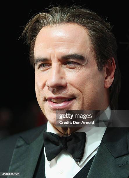 John Travolta is interviewed at the QANTAS 95th Birthday Gala Celebration at Hangar 96 in the Qantas Jetbase on November 20, 2015 in Sydney,...