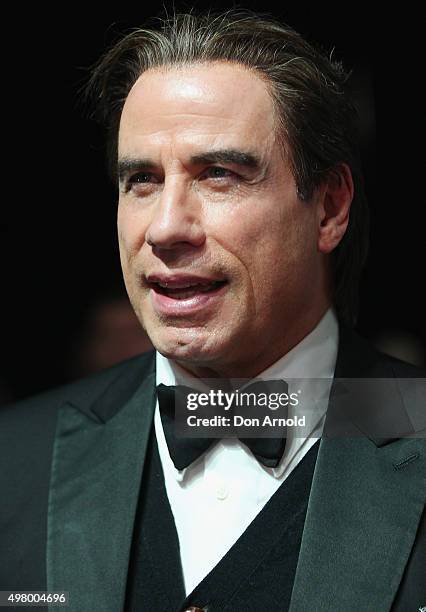 John Travolta is interviewed at the QANTAS 95th Birthday Gala Celebration at Hangar 96 in the Qantas Jetbase on November 20, 2015 in Sydney,...