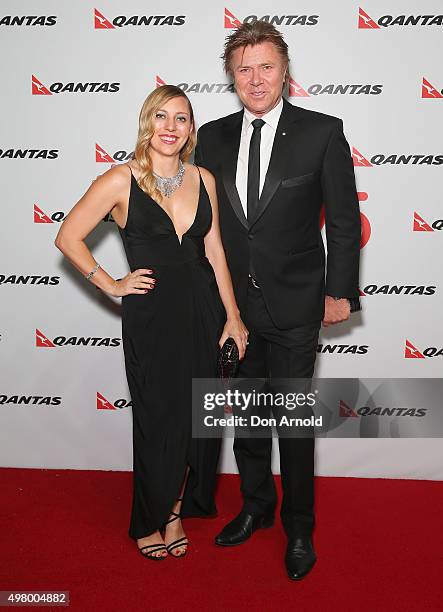 Rebecca Wilkins and Richard Wilkins arrive at the QANTAS 95th Birthday Gala Celebration at Hangar 96 in the Qantas Jetbase on November 20, 2015 in...