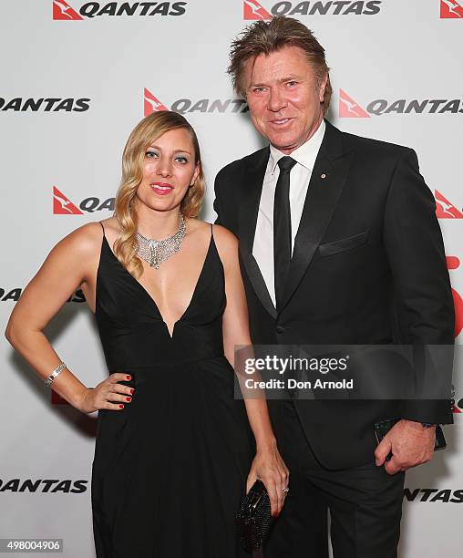 Rebecca Wilkins and Richard Wilkins arrive at the QANTAS 95th Birthday Gala Celebration at Hangar 96 in the Qantas Jetbase on November 20, 2015 in...