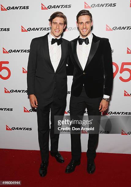 Jordan Stenmark and Zac Stenmark arrives at the QANTAS 95th Birthday Gala Celebration at Hangar 96 in the Qantas Jetbase on November 20, 2015 in...
