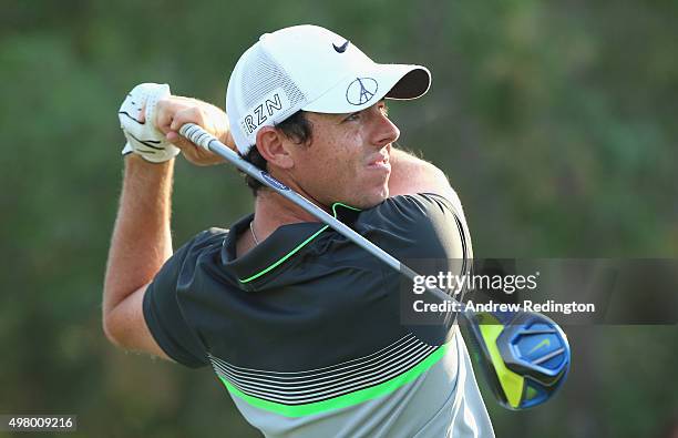 Rory McIlroy of Northern Ireland hits his tee-shot on the 18th hole during the second round of the DP World Tour Championship on the Earth Course at...