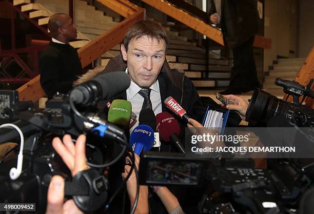 Didier Domat, lawyer of France's midfielder Mathieu Valbuena, speaks to the press at the Versailles courthouse on November 20, 2015. Valbuena, the...