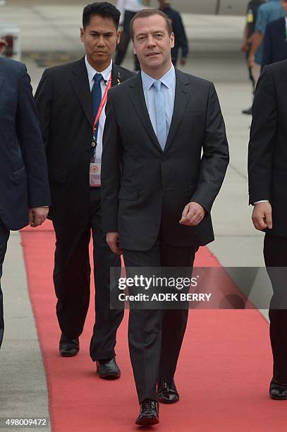 Russia's Prime Minister Dmitry Medvedev arrives to attend the 27th Association of Southeast Asian Nations Summit, at the Bunga Raya Complex at the...