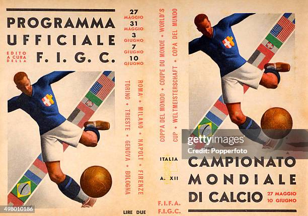 The back cover of the official programme for the FIFA World Cup held at eight sites throughout Italy from 27th May until 10th June, 1934. The host...