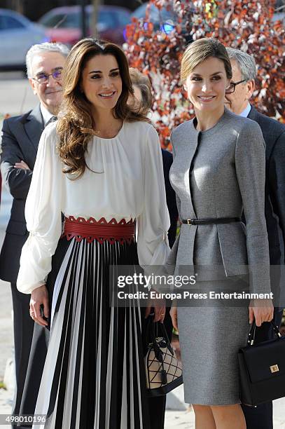 Queen Letizia and Queen Rania attend Molecular Biology Center 'Severo Ochoa' at Autonoma University on November 20, 2015 in Madrid, Spain.