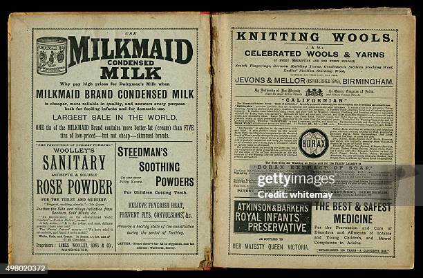 two pages of 1890s victorian advertisements - newspapers uk stock pictures, royalty-free photos & images