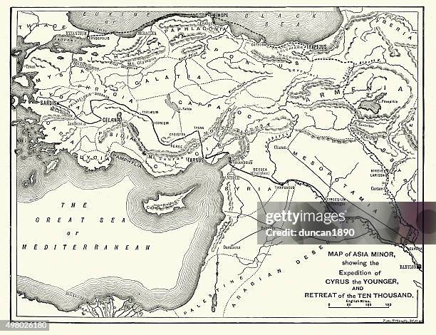 map of asia minor showing xenophon retreat - persian empire map stock illustrations