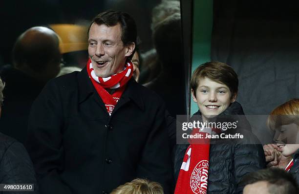 Prince Joachim of Denmark and his son Prince Felix of Denmark attend the UEFA EURO 2016 qualifier play-off second leg match between Denmark and...