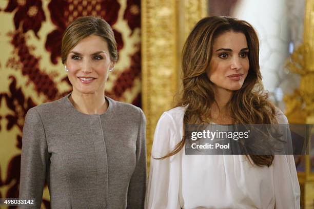 Queen Letizia of Spain receives Queen Abdullah of Jordan for a lunch at the Royal Palace on November 20, 2015 in Madrid, Spain.