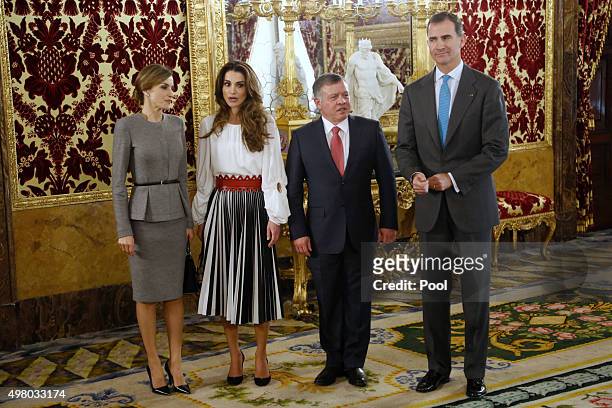 King Felipe VI of Spain and Queen Letizia of Spain receive King Abdullah of Jordan and Queen Abdullah of Jordan for a lunch at the Royal Palace on...