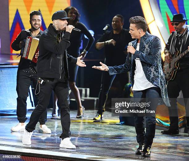 Silvestre Dangond and Nicky Jam perform onstage during the 16th Annual Latin GRAMMY Awards held at MGM Grand Garden Arena on November 19, 2015 in Las...