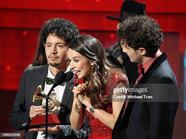 Nicolas Junca, Catalina Garcia and Santiago Sarabia of music group Monsieur Perine accept the Best New Artist award onstage during the 16th Annual...