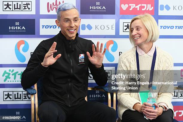 Adam Rippon of the USA waves to the TV camera after skating during the Men's Short Program on day one of the Rostelecom Cup ISU Grand Prix of Figure...