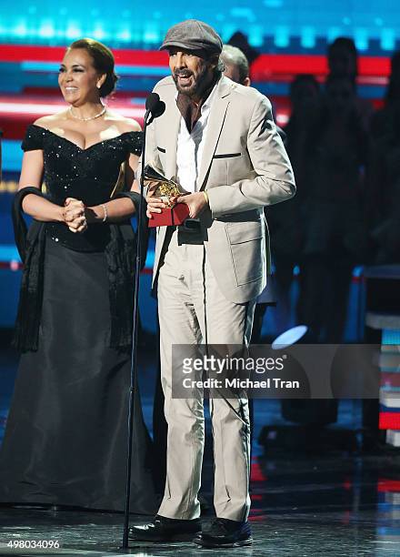 Juan Luis Guerra accepts the Album of the Year award for 'Todo Tiene Su Hora' onstage during the 16th Annual Latin GRAMMY Awards held at MGM Grand...