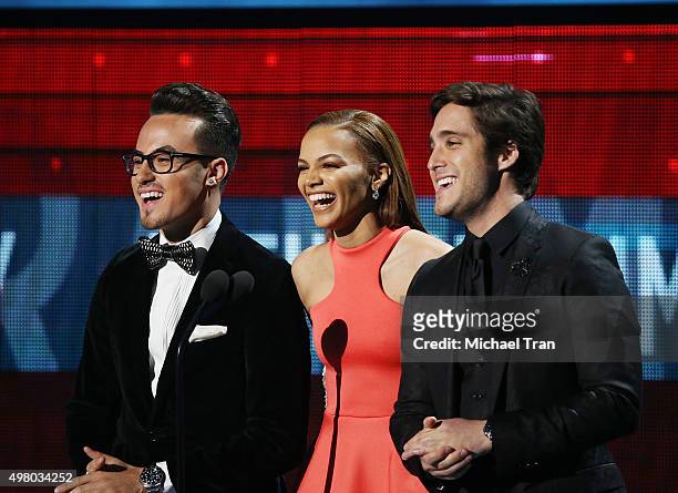 Johnny Sky, Leslie Grace and Diego Boneta speak onstage during the 16th Annual Latin GRAMMY Awards held at MGM Grand Garden Arena on November 19,...