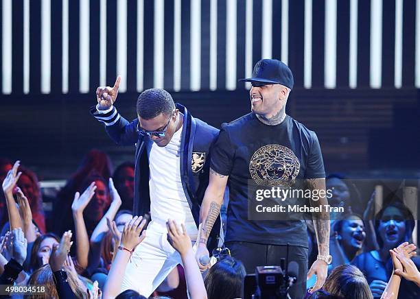 Omi and Nicky Jam perform onstage during the 16th Annual Latin GRAMMY Awards held at MGM Grand Garden Arena on November 19, 2015 in Las Vegas, Nevada.