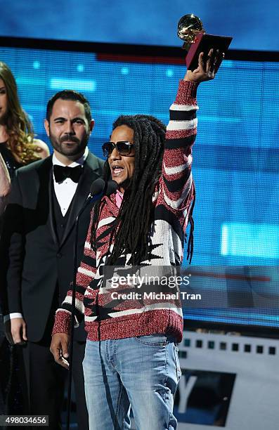 Tego Calderon accepts the Best Urban Music Album Grammy onstage during the 16th Annual Latin GRAMMY Awards held at MGM Grand Garden Arena on November...