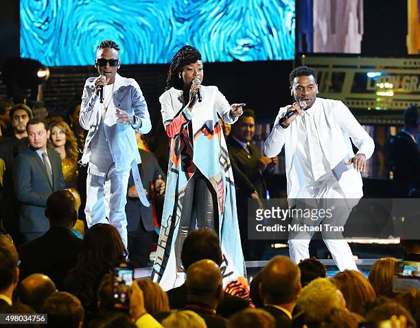 Miguel 'Slow' Martinez, Gloria 'Goyo' Martinez and Carlos 'Tostao' Valencia of music group ChocQuibTown perform onstage during the 16th Annual Latin...