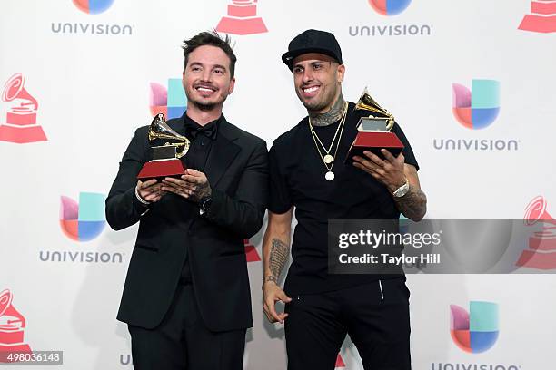 Balvin and Nicky Jam pose in the press room during the 16th Annual Latin GRAMMY Awards at the MGM Grand Arena on November 19, 2015 in Las Vegas,...