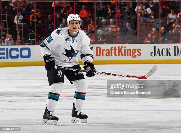 Micheal Haley of the San Jose Sharks skates against the Philadelphia Flyers at the Wells Fargo Center on November 19, 2015 in Philadelphia,...