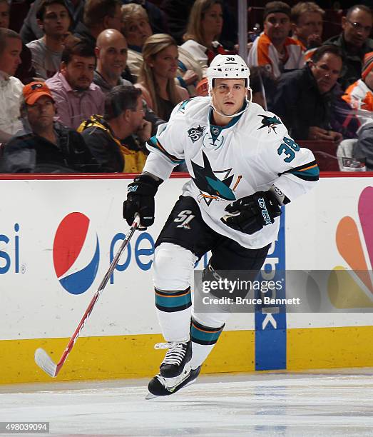 Micheal Haley of the San Jose Sharks skates against the Philadelphia Flyers at the Wells Fargo Center on November 19, 2015 in Philadelphia,...