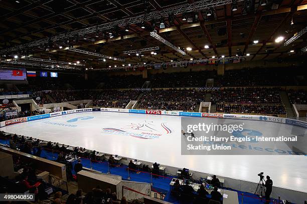 Hayleigh Bell and Rudi Swiegers of Canada skate during the Pairs Short Program on day one of the Rostelecom Cup ISU Grand Prix of Figure Skating 2015...