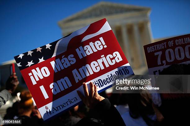 Supporters of immigration reform protest outside the U.S. Supreme Court November 20, 2015 in Washington, DC. The protesters demanded the...
