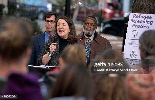 During a press event at Sakura Square in downtown Denver , U.S. Rep. Diana DeGette, center, speaks out in support of Gov. Hickenlooper and other...